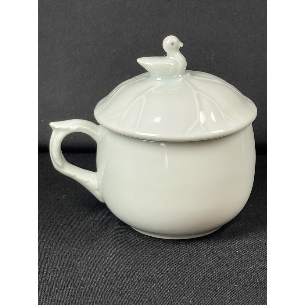 Porcelain Celadon Cabbage Lidded Coffee Tea Cup with Bird Handle Lid Marked - Picture 2 of 10